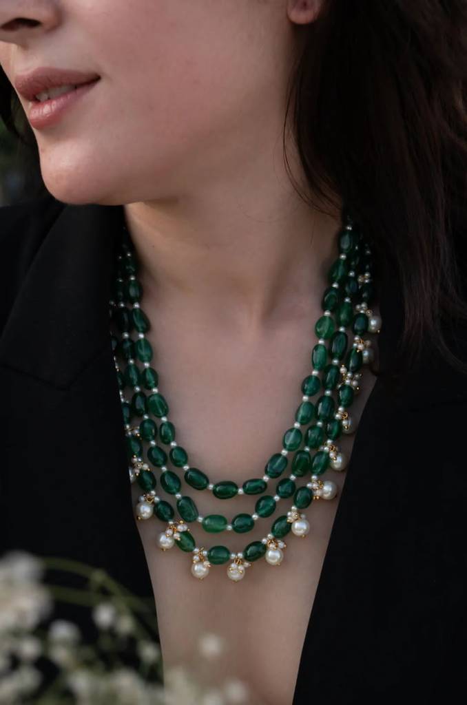 Divine Duldul Striking Deep Green Duldul And Pearl Necklace : 229NCK24RVJ