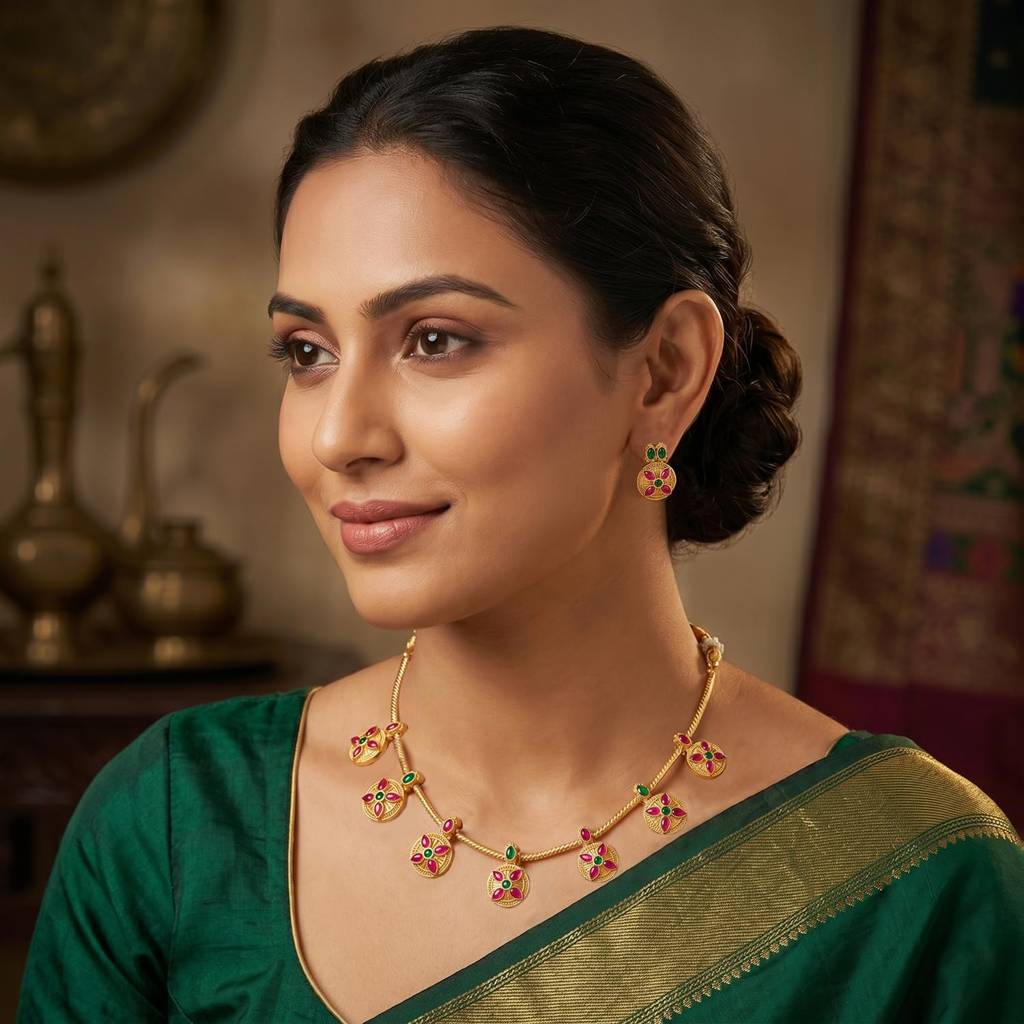 Gold Plated Green Rani Pink Floral Necklace Earrings Set For Women : PF109N05RPG