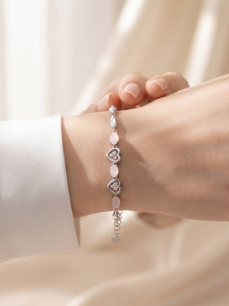 925 Silver Pink Heart & Rose Quartz Bracelet For Women : BR-51