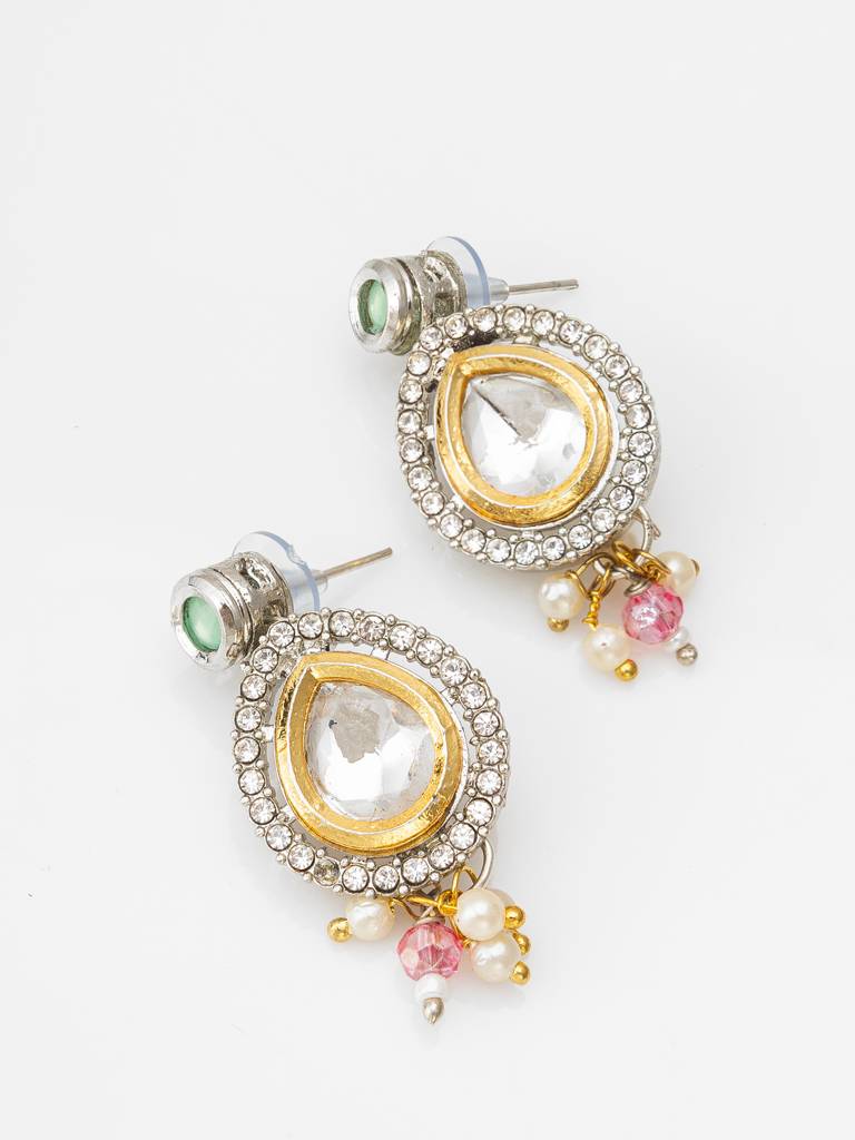 Multicolor Crystal Bead Kundan Necklace Set With Polki Pendant And Pearl Drop Earrings : NK4308