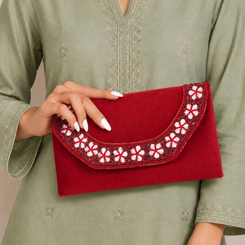 Velvet Sequin Beaded Clutch Bag For Women | Chain Strap | Embellished Wedding Festive Evening Purse : C190M