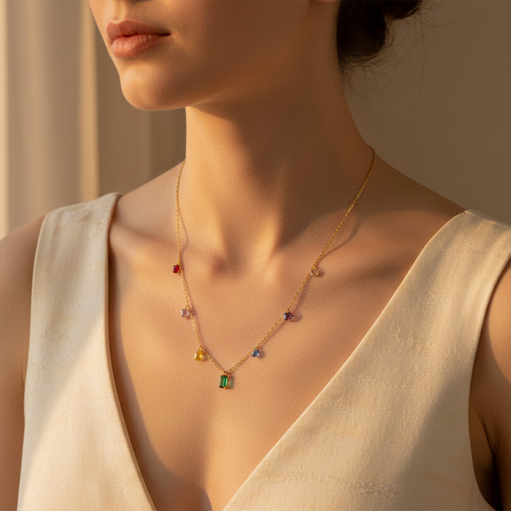 Multi-Color Crystal Studded Gold Plated Fancy Chain Necklace Jewellery Gift For Women & Girls : PX9N273GML