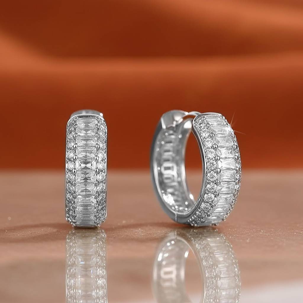 Silver Plated Baguette Stone & Cubic Zirconia Studded Fancy Stylish Hoop Earrings Jewellery For Women & Girls : PX9E3151S