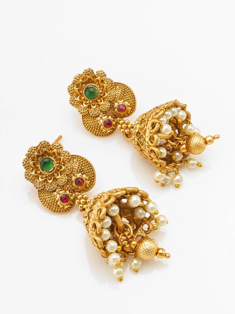 Wedding Wear Antique Gold Temple Choker Necklace Set With Pearl Bead Strands, Stones And Jhumka Earrings : NK4096