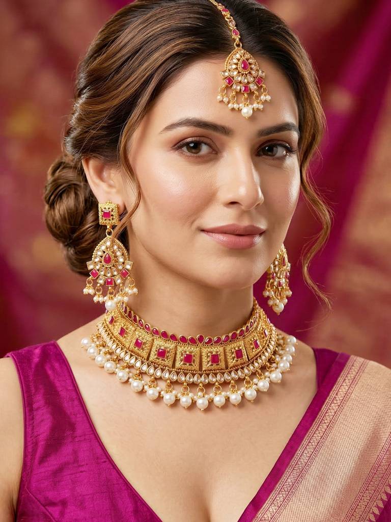 Gold-Plated Traditional Choker Necklace Set With Earrings & Maang Tikka For Women | Ruby Color Ethnic Bridal  : 866-G2SR-006-R