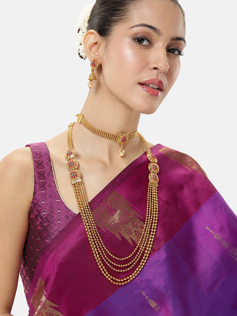 Gold Plated Faux Ruby & Beads Studded Short & Long Necklace Earrings Ethnic Bridal Set Jewellery For Women & Girls : PF04BR02RG