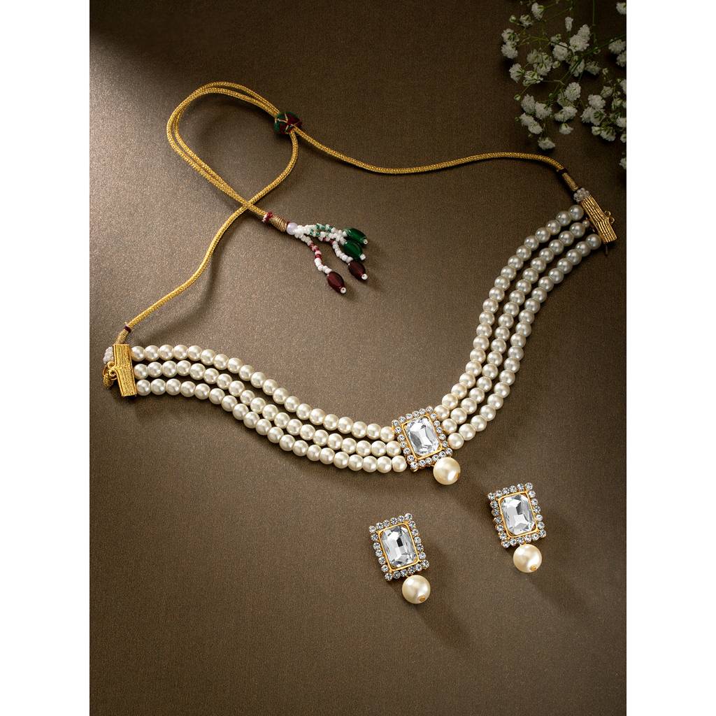 Peora Gold Plated Indian Traditional Crystal Pearl Beaded Choker Necklace Jewellery Set For Women : PF24N02W