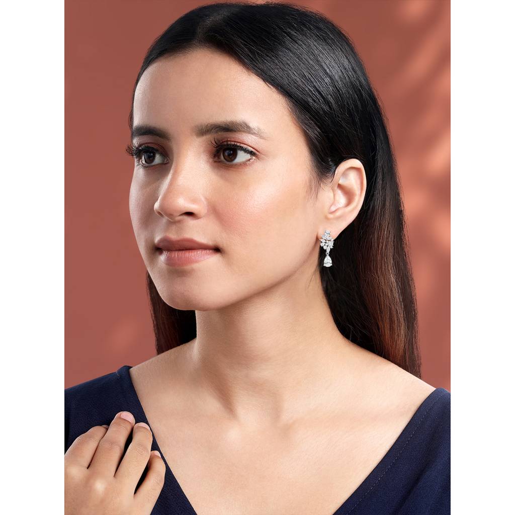 Silver Plated Cubic Zirconia & Crystal Studded Fancy Drop Earrings Contemporary Fashion Jewellery For Women & Girls : PX8E210
