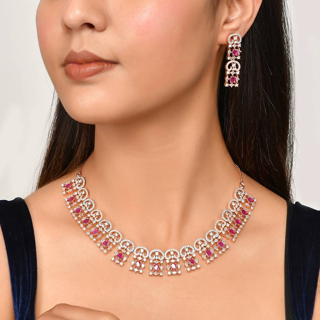Cz Elegance Rose Plated Ruby Red Necklace Set : 8905124477726