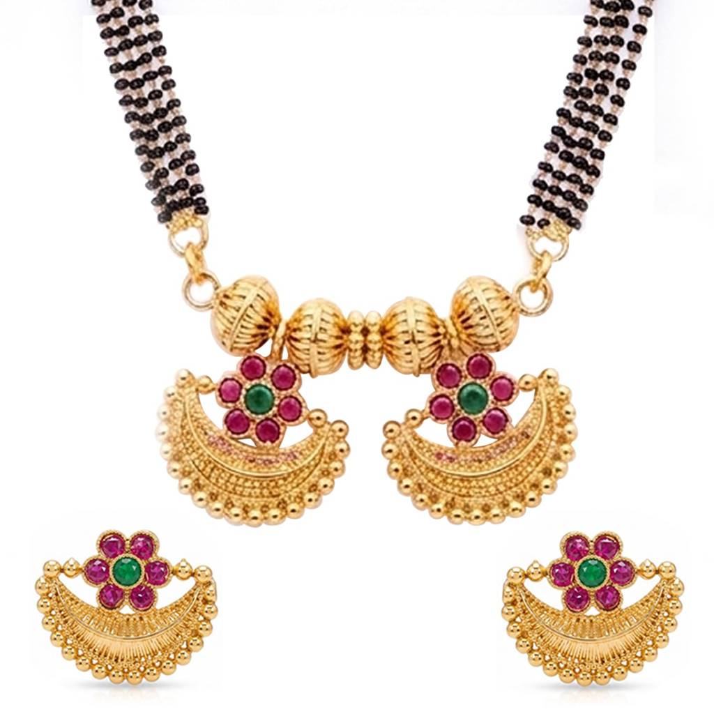 Gold Plated Traditional Mangalsutra Earrings Set For Women | Faux Ruby & Emerald Studded | Festive & Bridal Jewel : PF04MS12RG