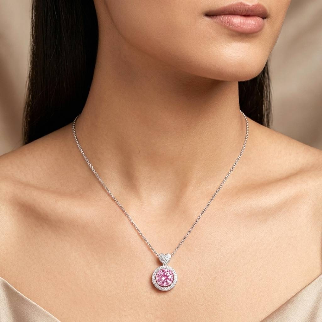 Pink Round Pendant Chain Necklace For Women & Girls | Silver Plated | Crystal Studded | Stylish Design Jewellery  : PX9CH106PK