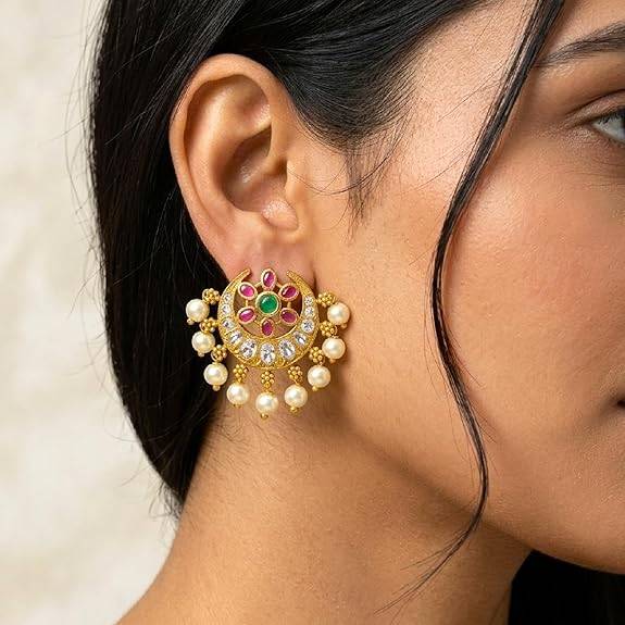 Ethnic Stud Earrings For Women & Girls Gold Plated Faux Emerald Ruby & Crystals Studded Festive Bridal Jewellery B : PF76E04RG