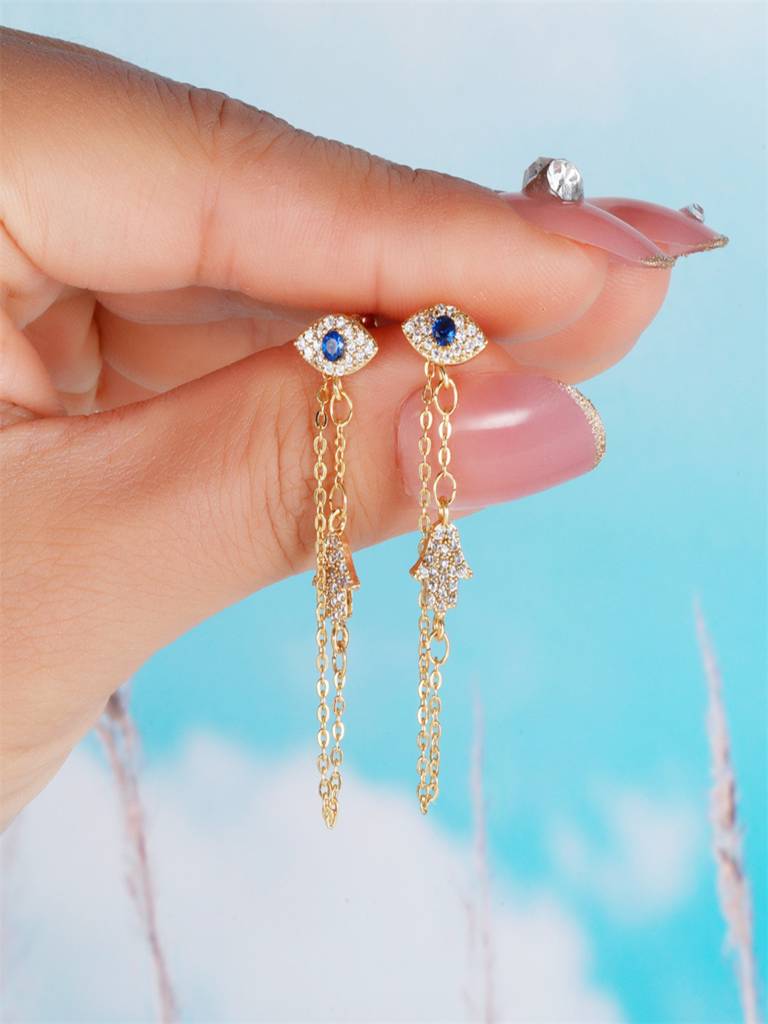 18K Gold Plated Anti-Tarnish Zircon Evil Eye & Hamsa Hand Ear Chain Earrings : AWU0726E231