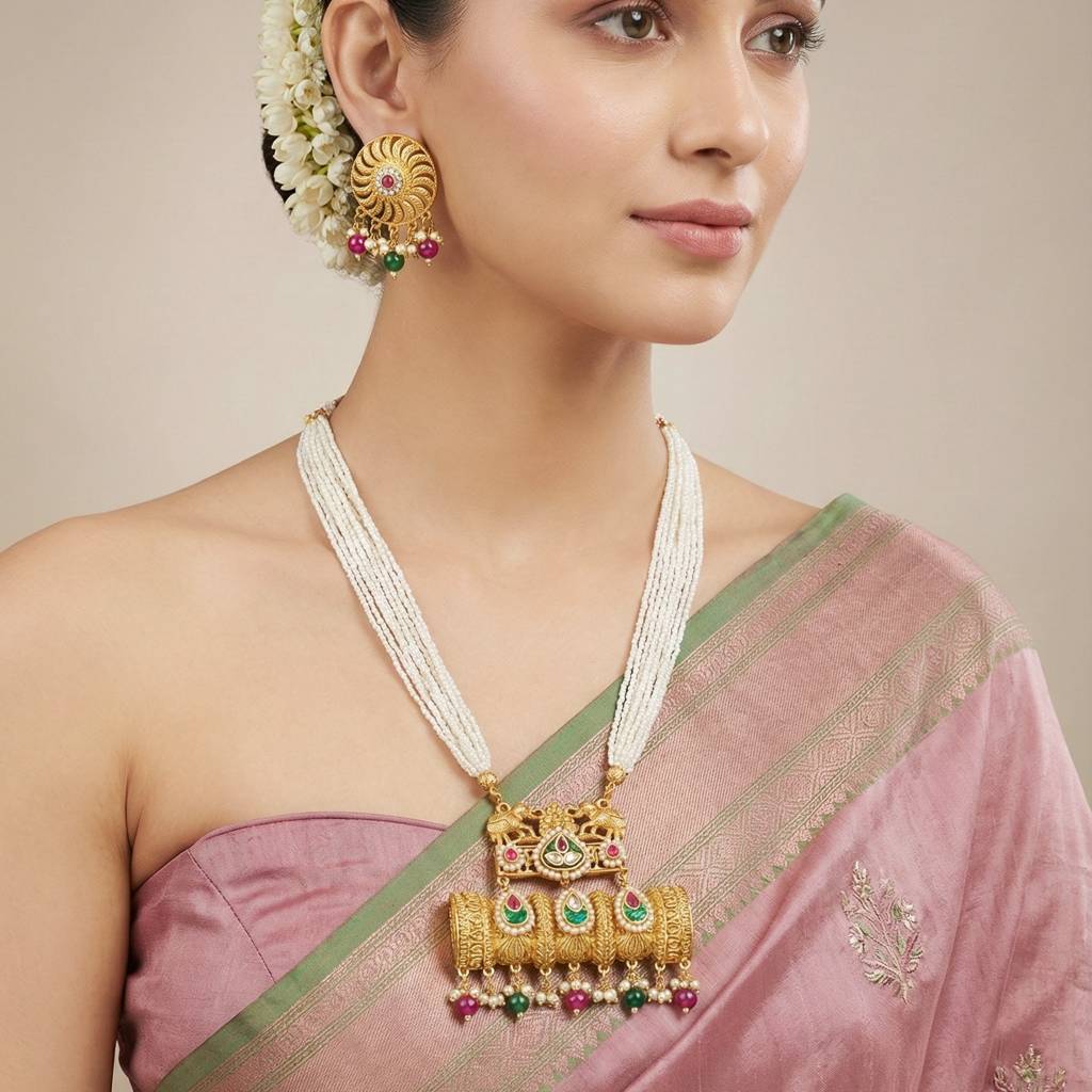 Gold-Tone Temple Pearl Necklace Set With Matching Earrings – Traditional Party & Wedding Wear : 1215-KSM-35204-RG