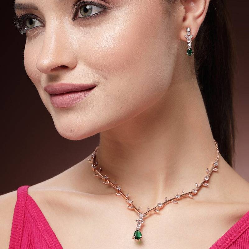 Refined American Diamond Teardrop Vine Leaf Motif Necklace Set– Lightweight Signature Jewelry For Bridesmaid : AD-854-RGGNNKER