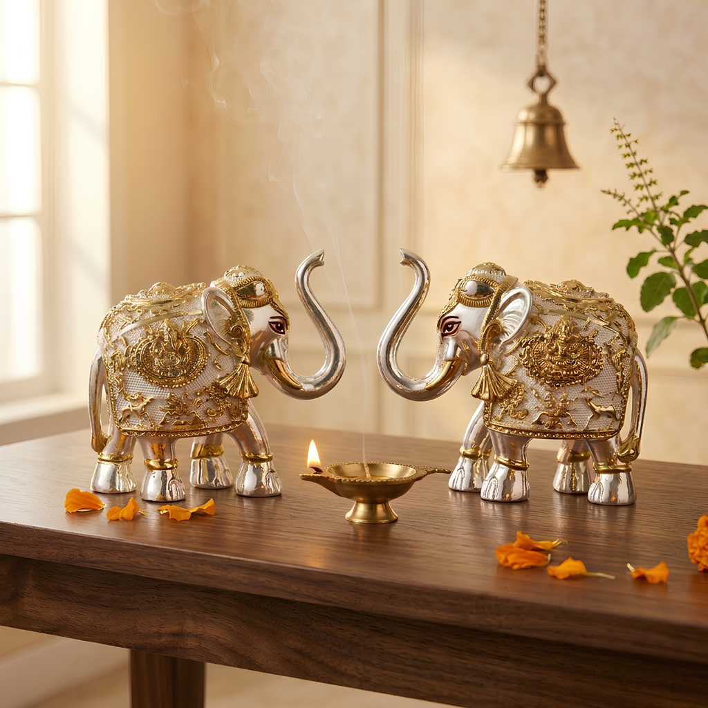 999 Silver Royal Silver Elephant Pair Decorative Figurines : SMK-GFT-HDC-007