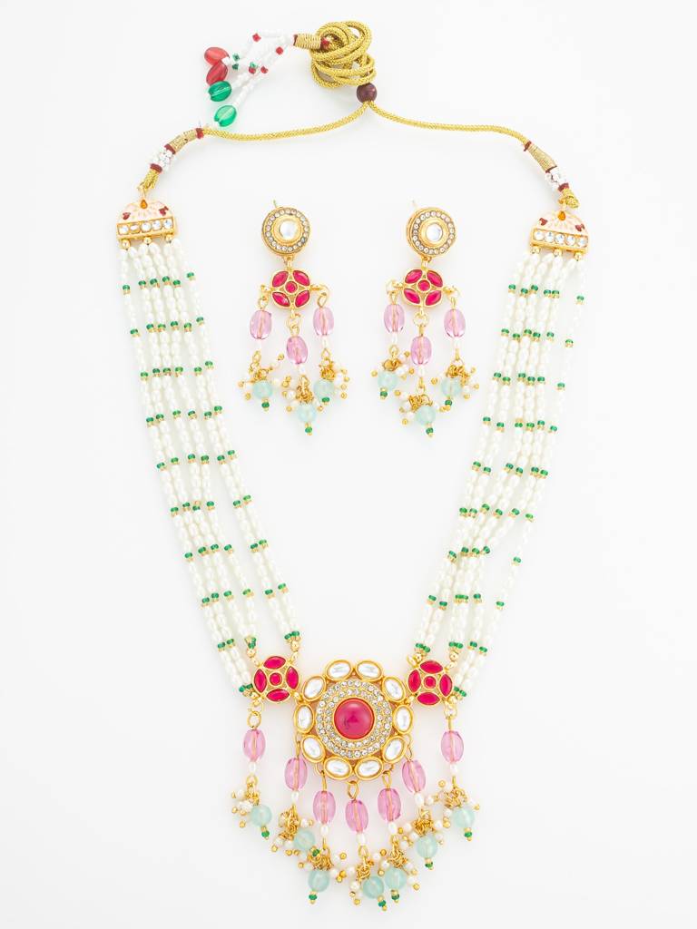 Gold Plated Multi-Strand Pearl And Pink Stone Rani Haar Set : NK4869
