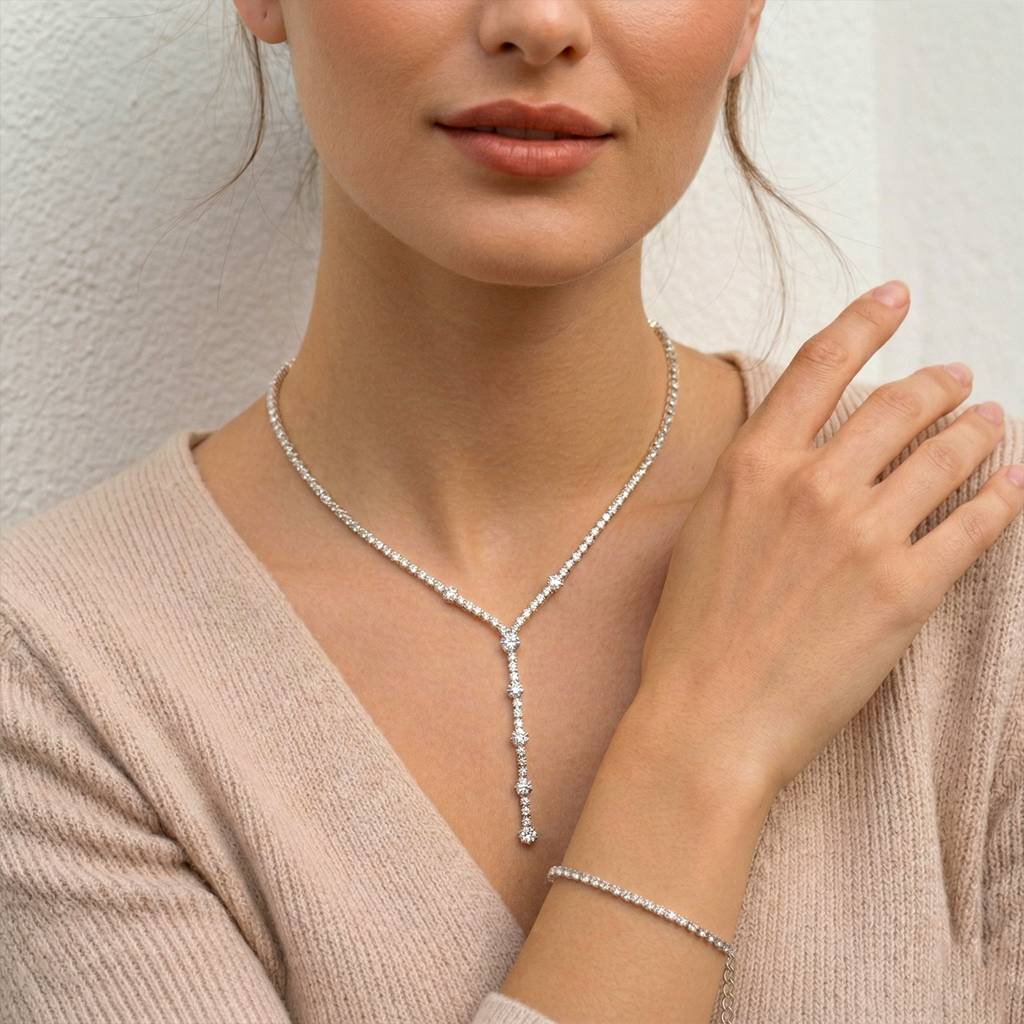 Stylish Necklace & Bracelet Set For Women & Girls | Silver Plated | Cubic Zirconia & Crystals Studded | Fancy Conte : PX9N151S