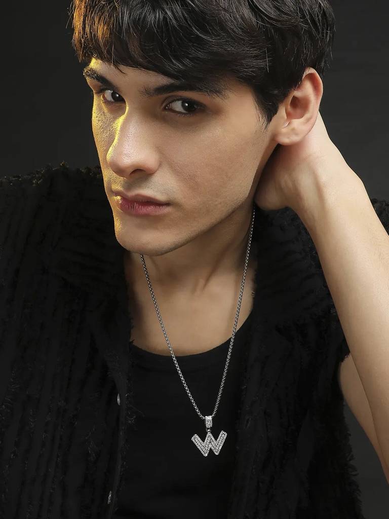 Men'S Embellished Alphabet Pendant Necklace - Silver : FANC1071-W