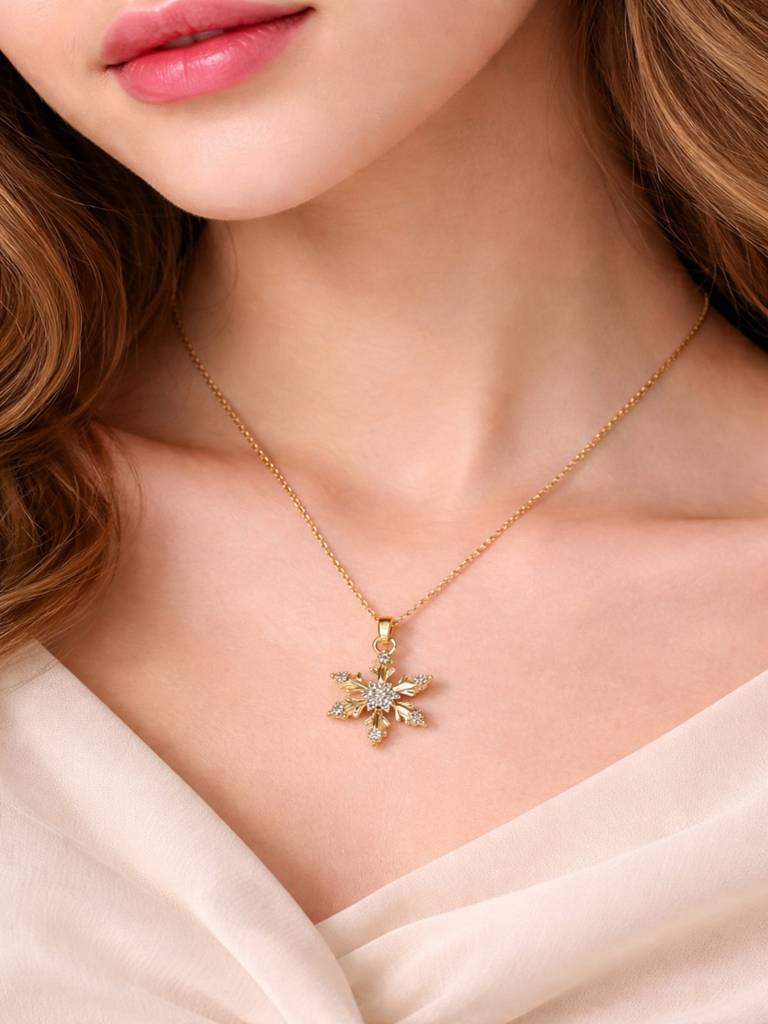 Gold Plated Snowflake Crystal Pendant Necklace For Women & Girls : NEC-499-A8383