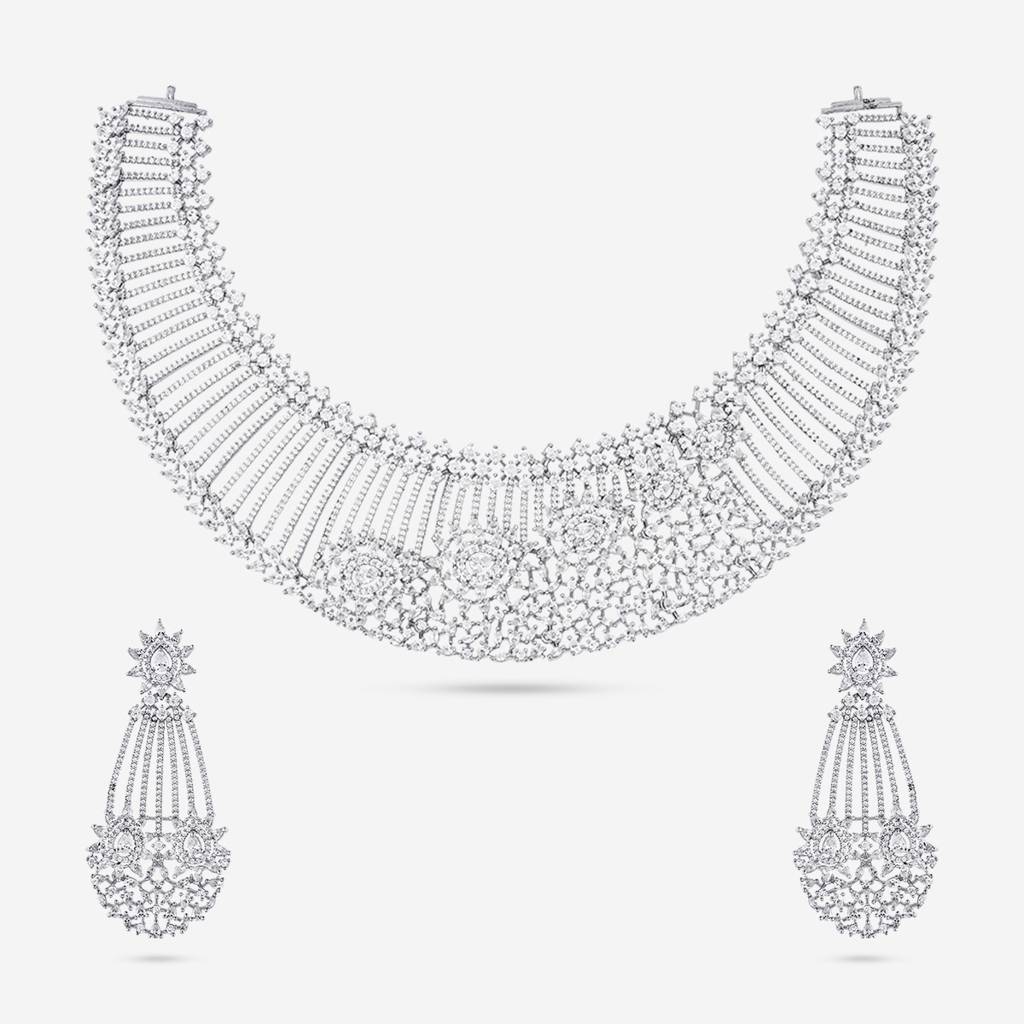 White Rodium-Gold Plated - Party Wear Zircon Necklace - 456904 : 456905
