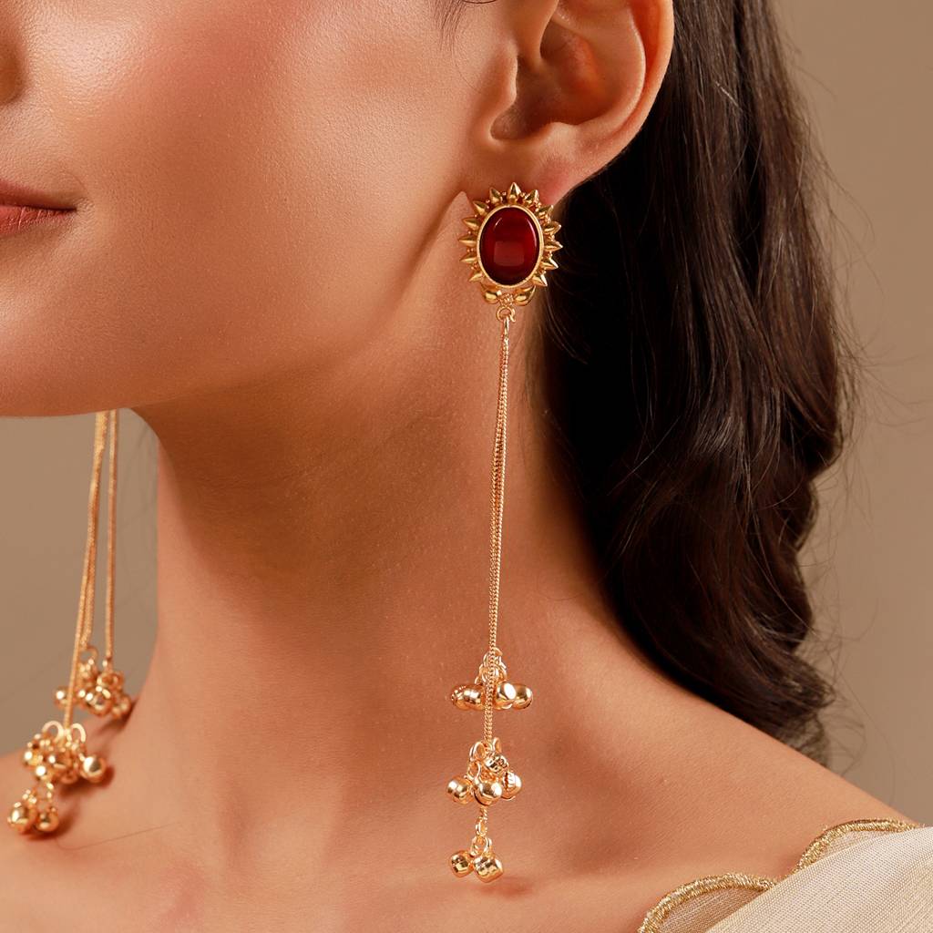 Kashmiri Maroon Gold-Toned Dangler Earrings : 8905124585018