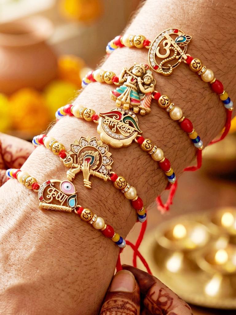 Set Of 5 Traditional Divine Rakhis For Bhai | Beaded Radha Krishna & Khatu Shyam Threads | Raksha Bandhan Gi : 360-S5R1-2306-5