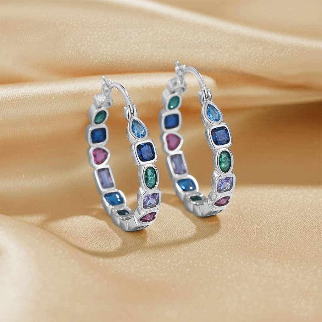 Silver Plated Multicolor Crystals Studded Fancy Hoop Earrings Jewellery For Women & Girls : PX9E3079SML
