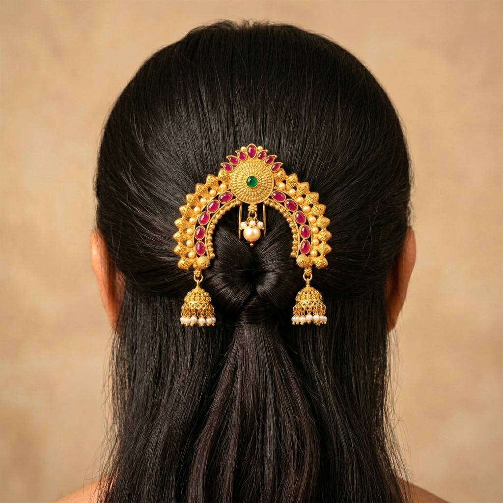 Ethnic Hair Juda Pin Brooch For Women & Girls Gold Plated Faux Ruby Emerald & Beads Studded Festive Bridal Jewel : PF04HJ09RPG