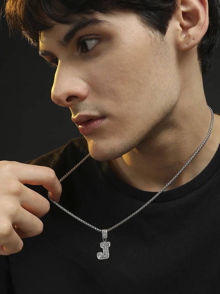 Men'S Embellished Alphabet Pendant Necklace - Silver : FANC1071-J