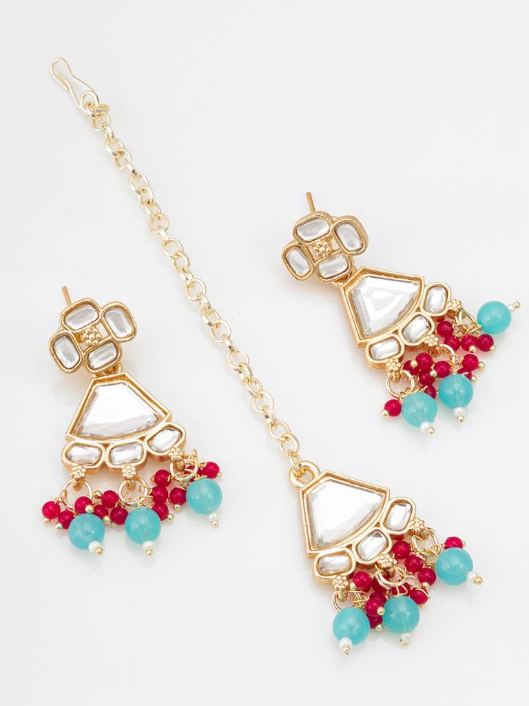 Reception Special Kundan Choker Necklace Set With Earrings And Maang Tikka In Red And Turquoise Beads : NK4193