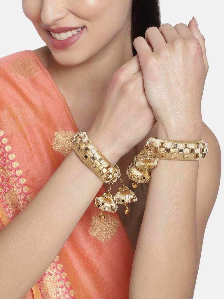 Peora Silk Thread Crystal Design With Dangling Jhumki Chuda Chura Bangle Set For Women : PF51B73CRM