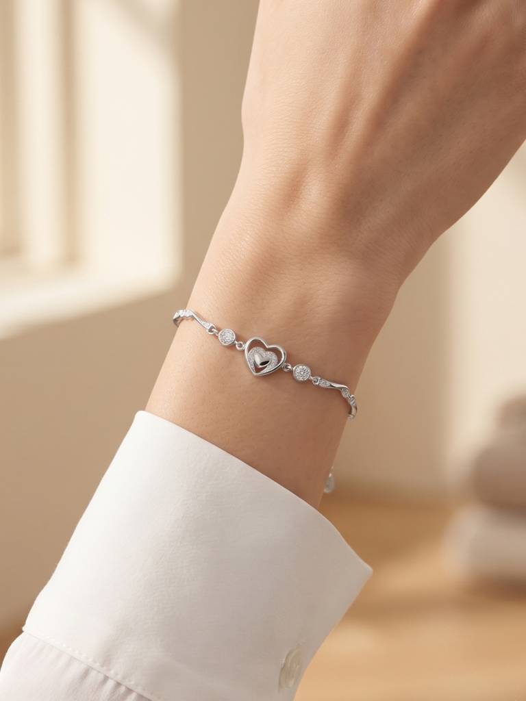 925 Silver Triple Crystal Heart Bracelet For Women : BR-61