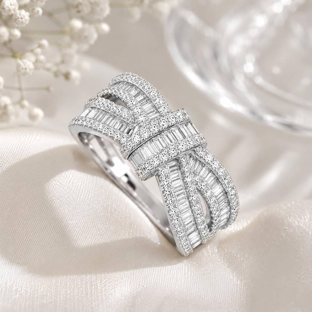 Fancy Silver Plated Finger Ring For Women Size - Us 7 Baguette Stone & Cubic Zirconia Studded Festive & Casual W : PX9R3056W-7