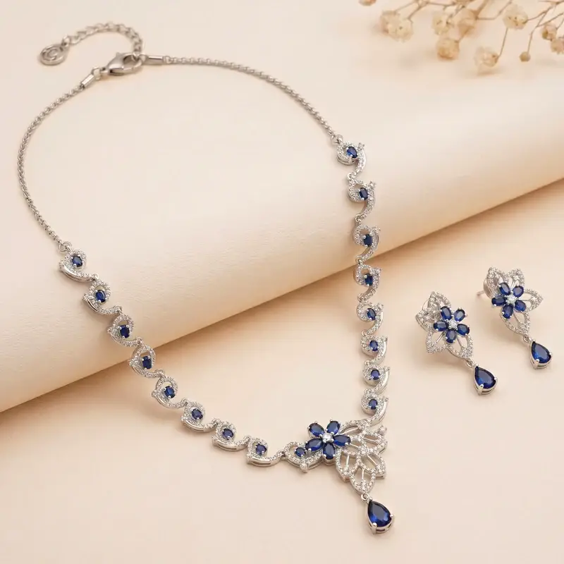Cz Floral Statement Necklace Set | Grand Festive & Cocktail Jewellery : AD-937-IRBL-NKER