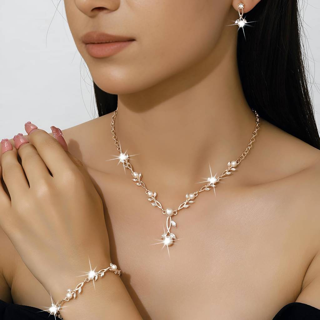 Gold Plated Pearl Studded Floral Necklace Earrings Bracelet Set Fancy Contemporary Jewellery For Women & Girls : PX9N250GW