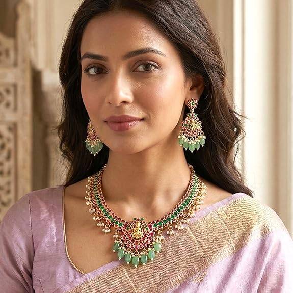 Rani Pink Green Ethnic Necklace Earrings For Women & Girls Gold Plated Faux Ruby Emerald & Beads Studded Festive  : PF76NT01RG