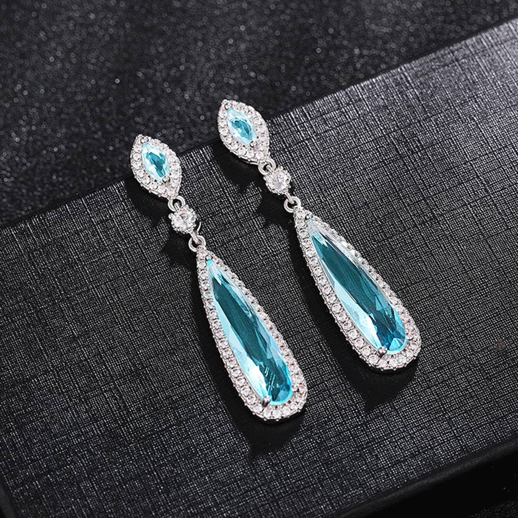 Silver Plated Cubic Zirconia & Sky Blue Crystal Studded Long Teardrops Earrings Fashion Jewellery For Women & Girls : PX9E3028SB