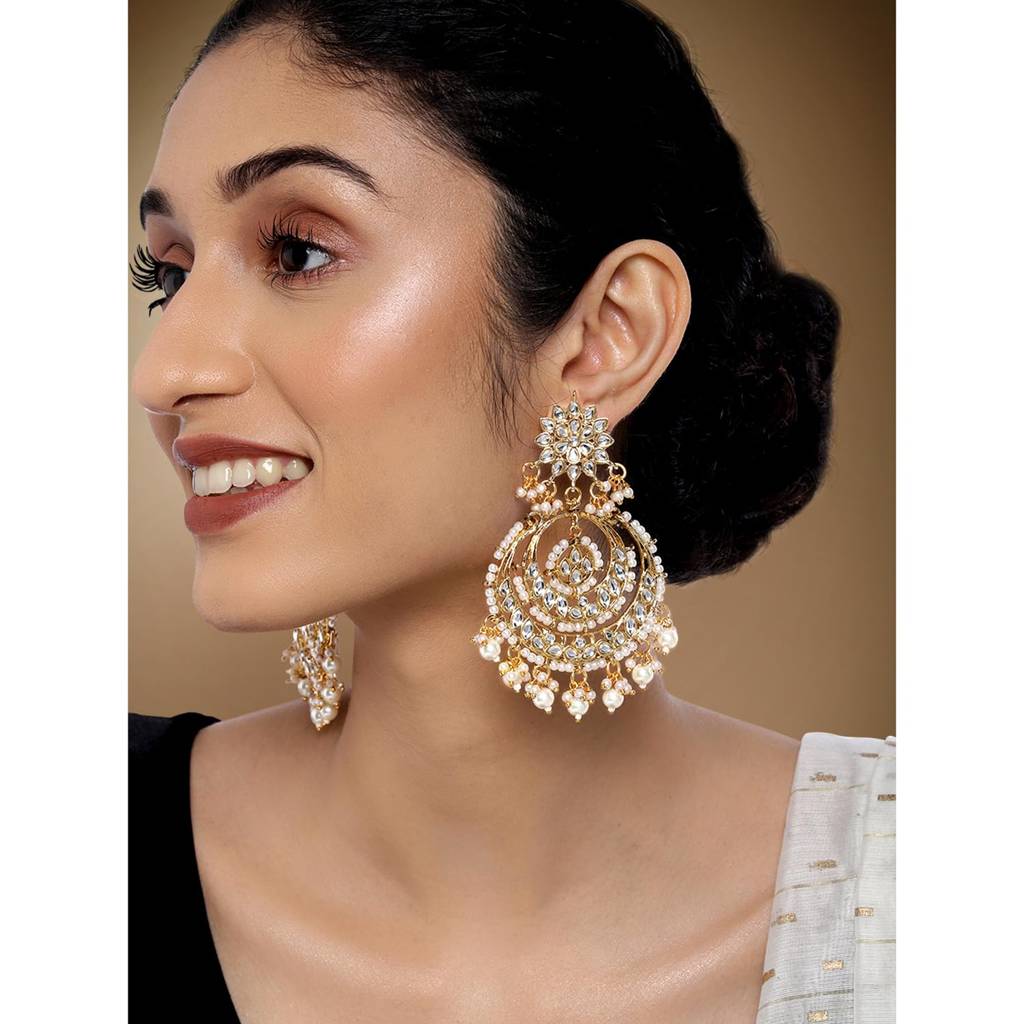Gold Plated Indian Ethnic Bridal Kundan Pearl Chandbali Earrings For Women Girls Fancy Fashion Traditional Jewellery : PF25E106W