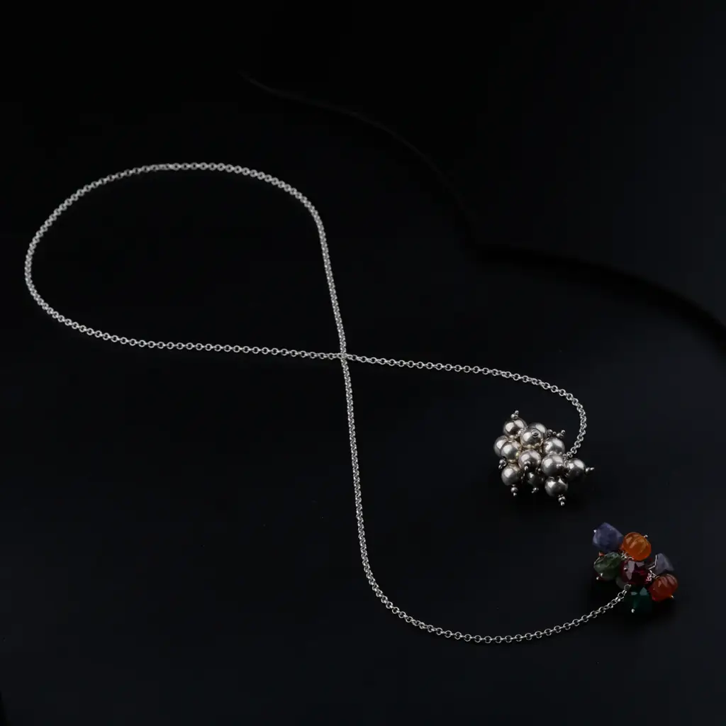 Silver Tie & Wear Necklace With Multicolor Semi-Precious Stones And Silver Beads : 52817047