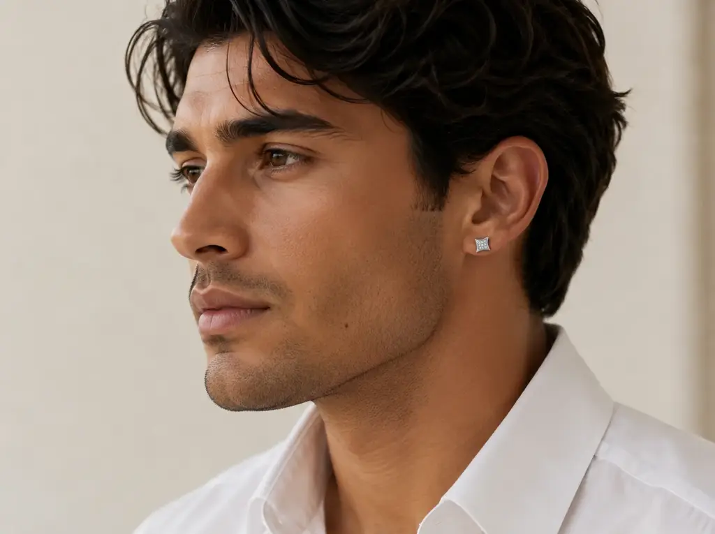 Square Diamond Cluster Stud Men'S Earrings | Classic Grid Set Design : ER-CC-CZAI10-WH-Silver925-LabD