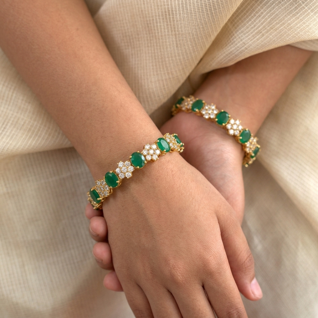 Green Stone Bangle For Women | Cz Floral Designer Bangle With Gold Tone Finish | American Diamond Style Party &  : TP2095G_2.8
