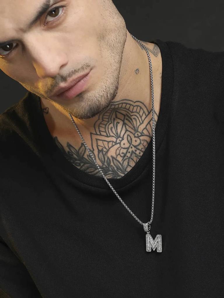 Men'S Embellished Alphabet Pendant Necklace - Silver : FANC1071-M