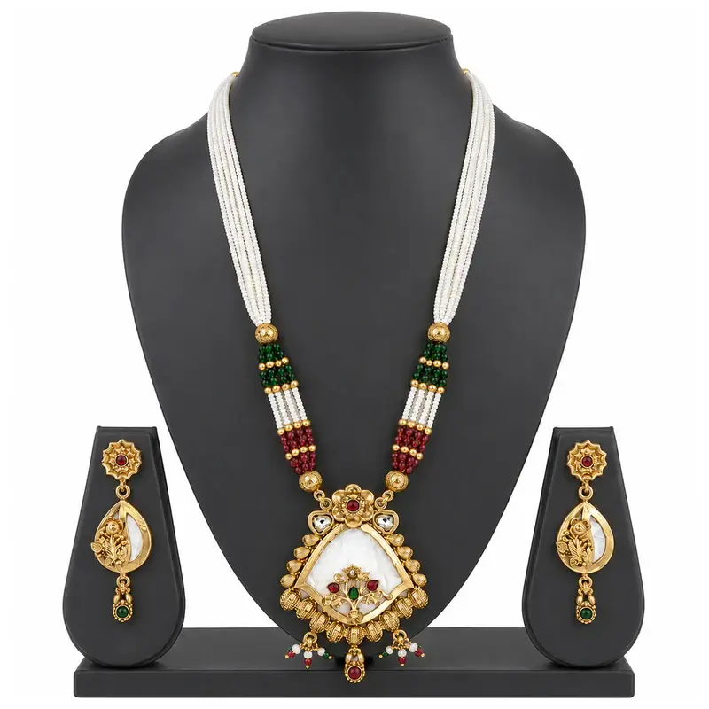 Elegant Matte Finish Temple Necklace Set | Multicolor Beads | Crescent Pendant : OSLFJ-015-IGMC-NKER