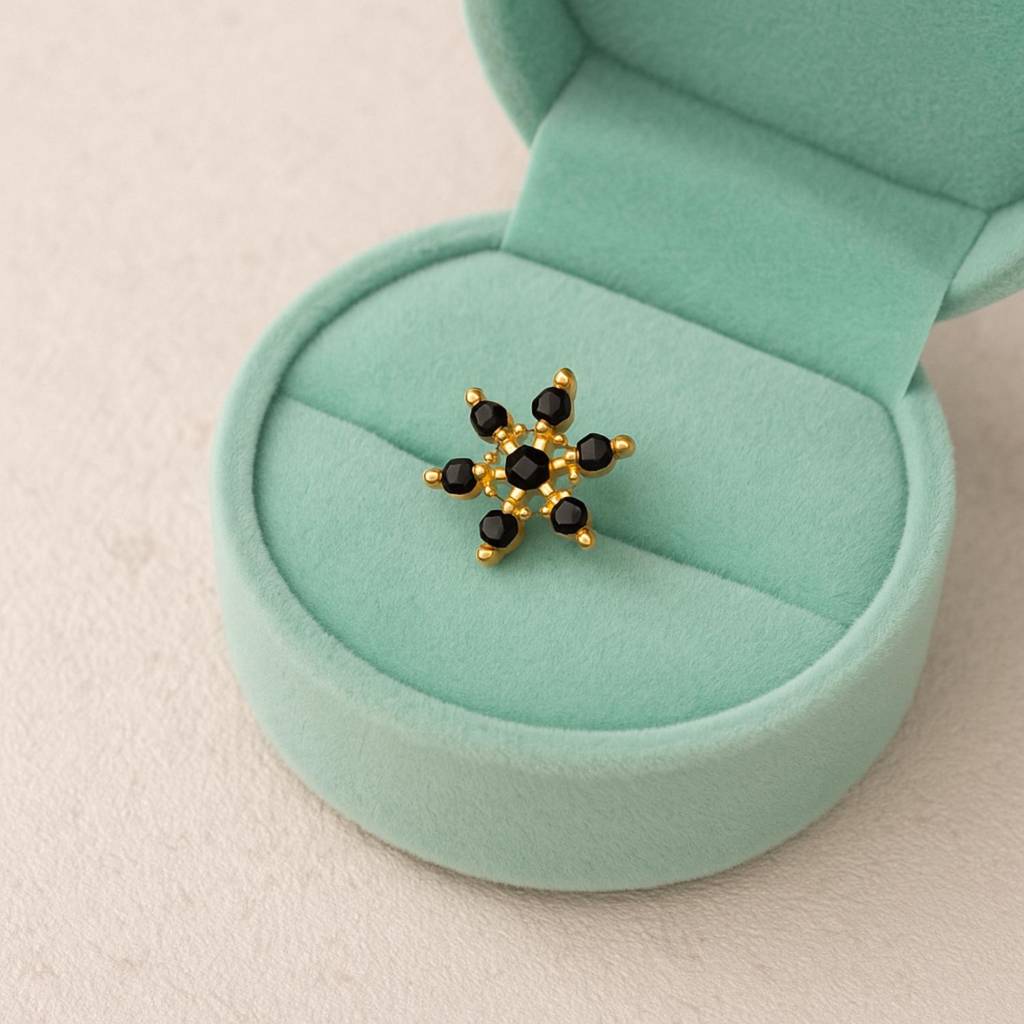Black Cz Starburst Floral Nose Pin - Sterling Silver Gold Plated : NP-00098_925S_W_BLCZ