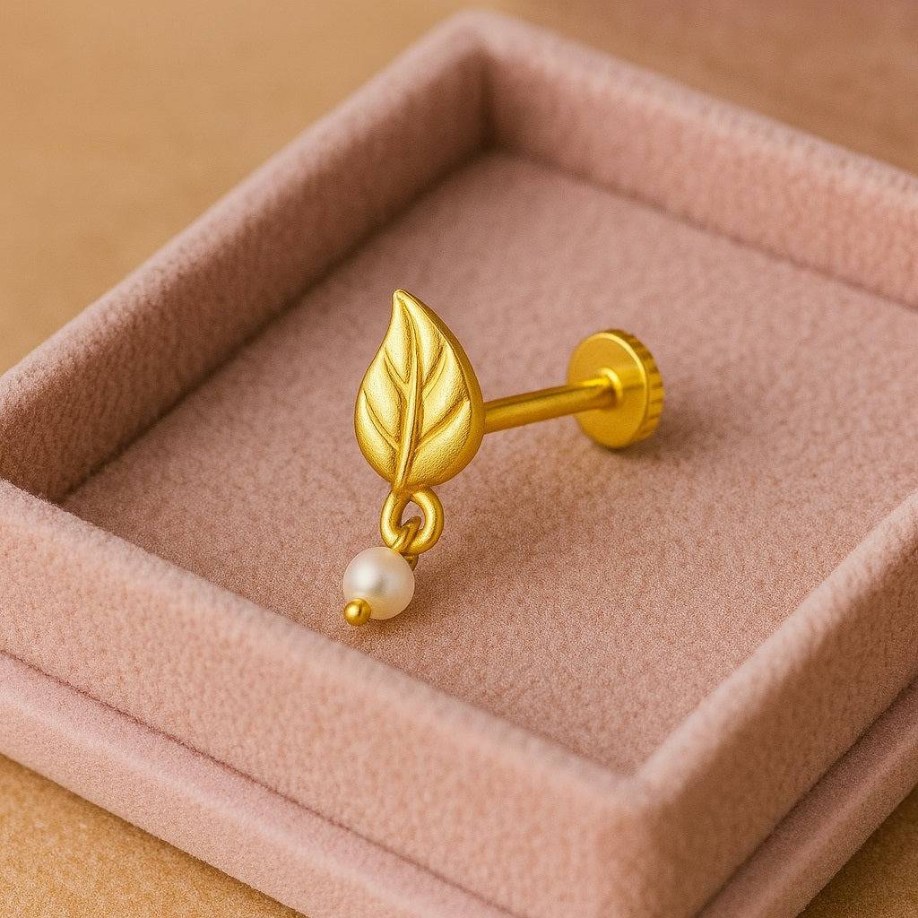 Pearl Drop Leaf Motif Nose Pin 925 Sterling Silver Gold Plated : NP-0028-N-1-snp-0029