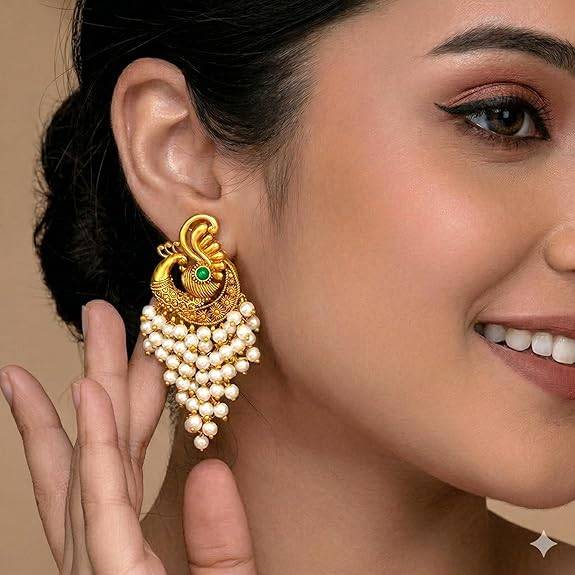 Green Ethnic Dangle Earrings For Women & Girls Gold Plated Faux Ruby & Beads Studded Festive Bridal Jewellery Birth : PF47E07W