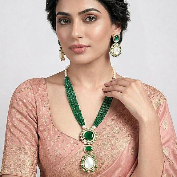 Green Pendant Style Necklace Earrings Set For Women & Girls Gold Plated Faux Emerald Mother Of Pearl & Beads Festi : PF77LS02G