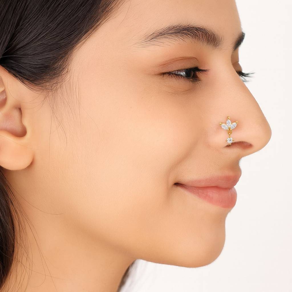 White Cz Leaf Cluster Nose Pin - Sterling Silver Gold Plated : NP-00182_SW277_925S_YG