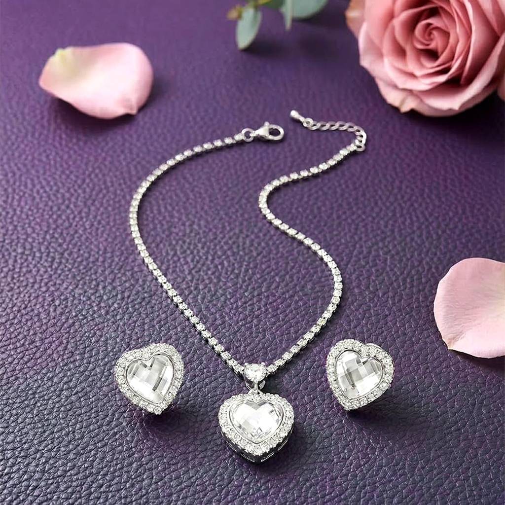White Fancy Pendant Chain Necklace Earrings Set For Women & Girls Silver Plated Crystals & Cz Studded Stylish Desig : PX9PS55W